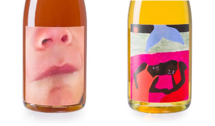 A layout of three bottles of wine with artwork from artists Alex Heilborn, Cassie and L