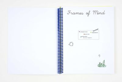 Open spread of a divider spread with stamps and the title in cursive font