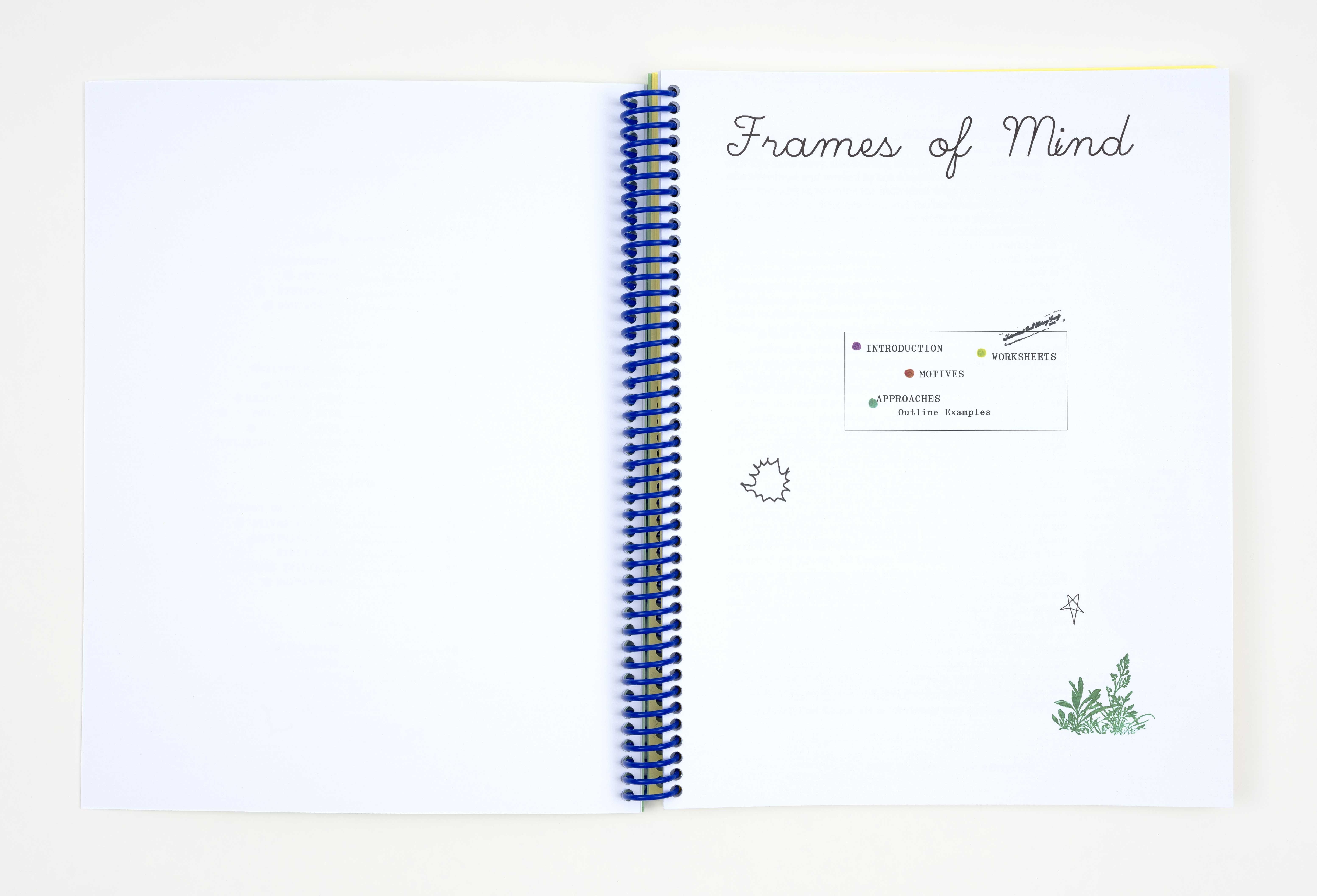 Open spread of a divider spread with stamps and the title in cursive font