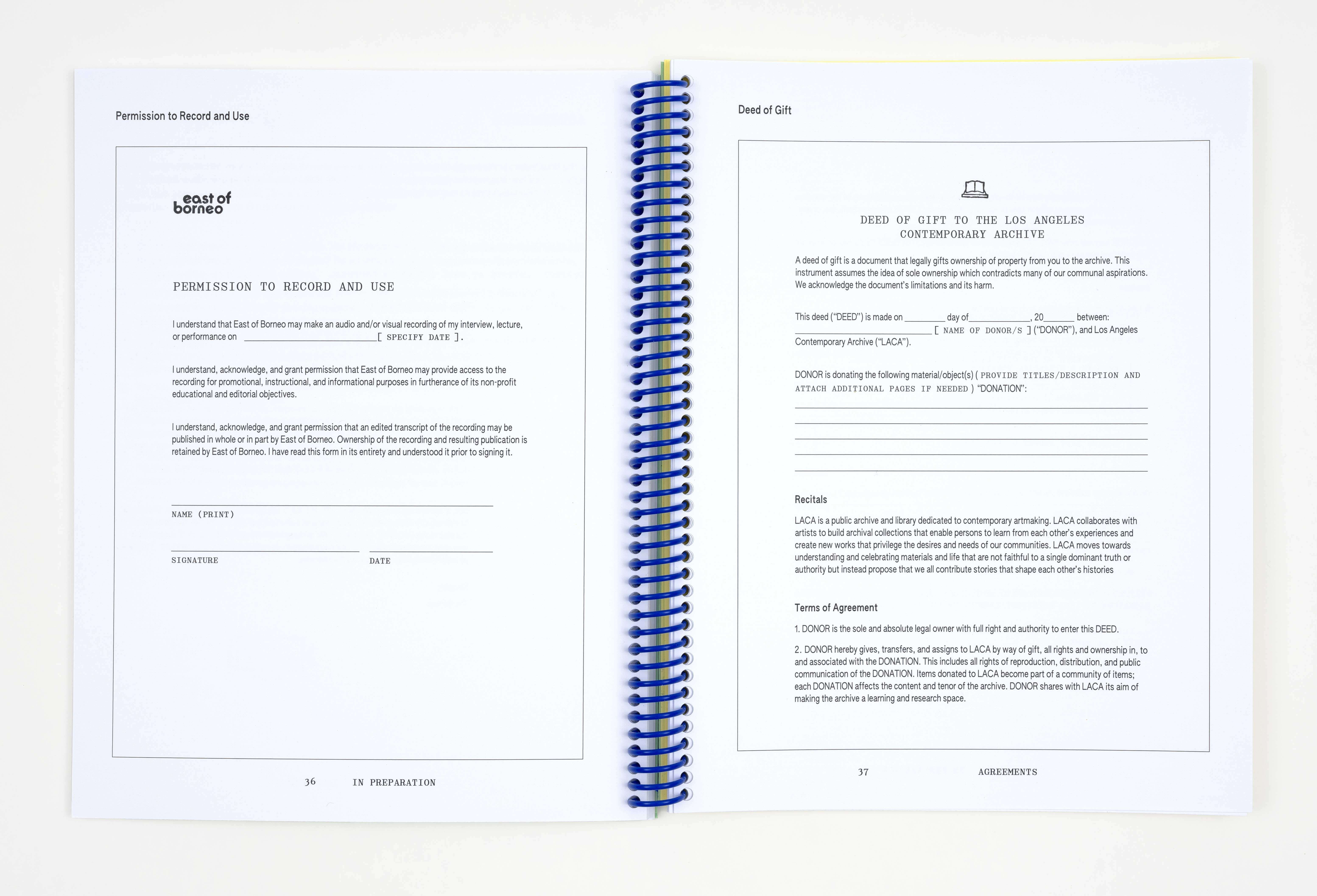 Open spread of workbook showing forms